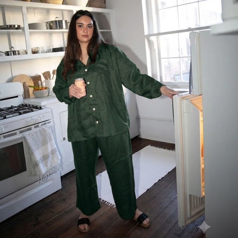 Shelter | Winter PJ Set Green Linen Pajamas Loungewear XL 100% Linen